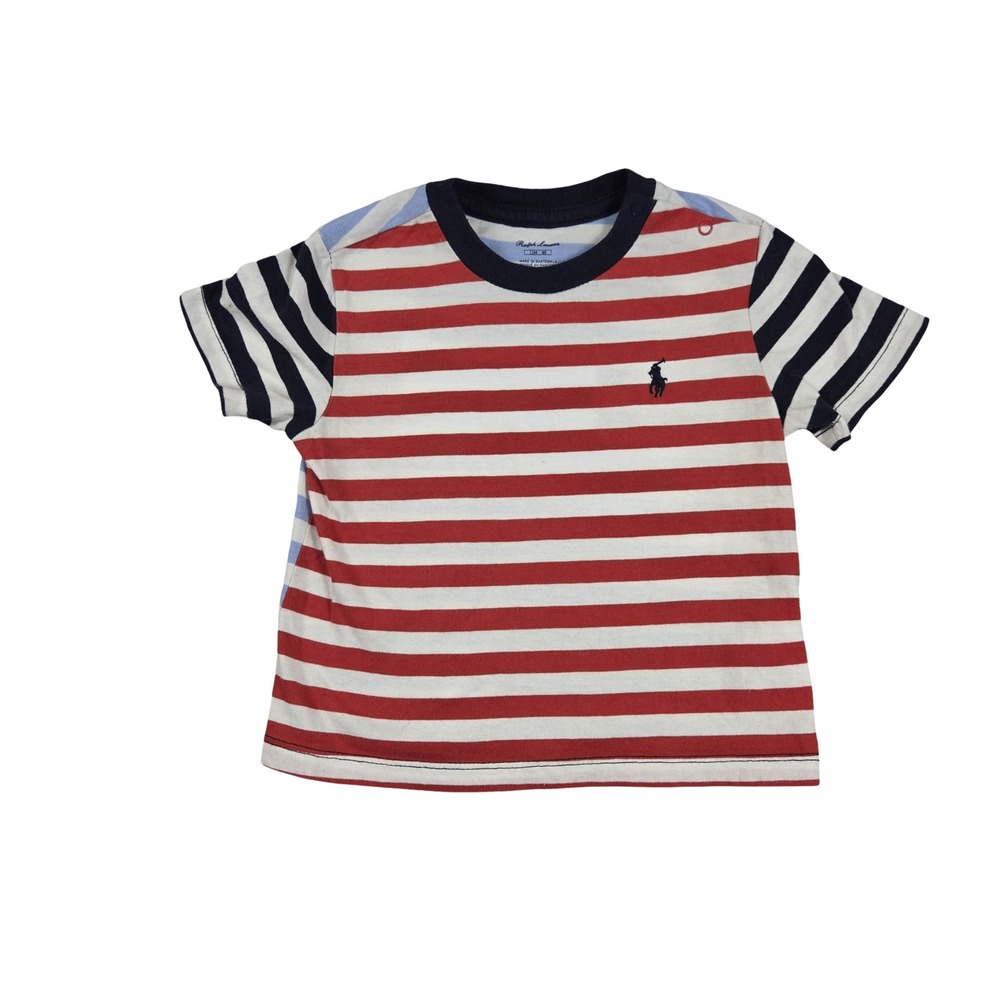 Ralph Lauren Baby Boy Multi-Color Striped Pony Logo T-Shirt 12M Red Blue Preppy
